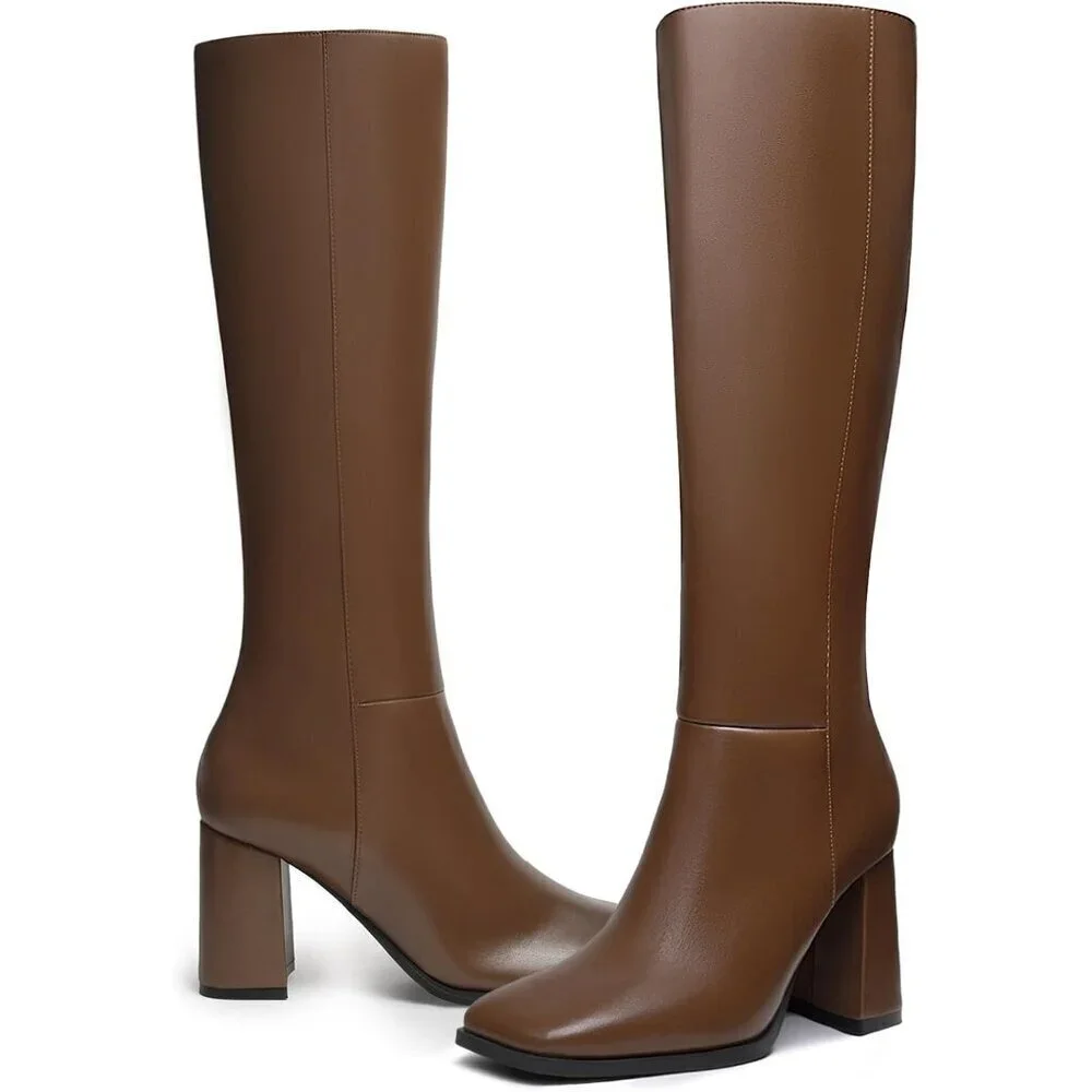 🆕Women's Faux Leather Tan Square Toe Side Zipper Chunky Heel Knee High Boots